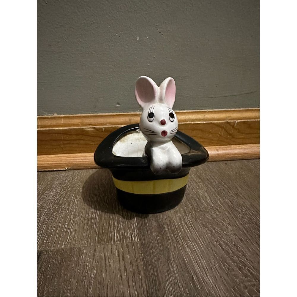 Vintage Bunny Rabbit in Magicians Top Hat Planter Ceramic Numbered 5.5”x4.9” MCM